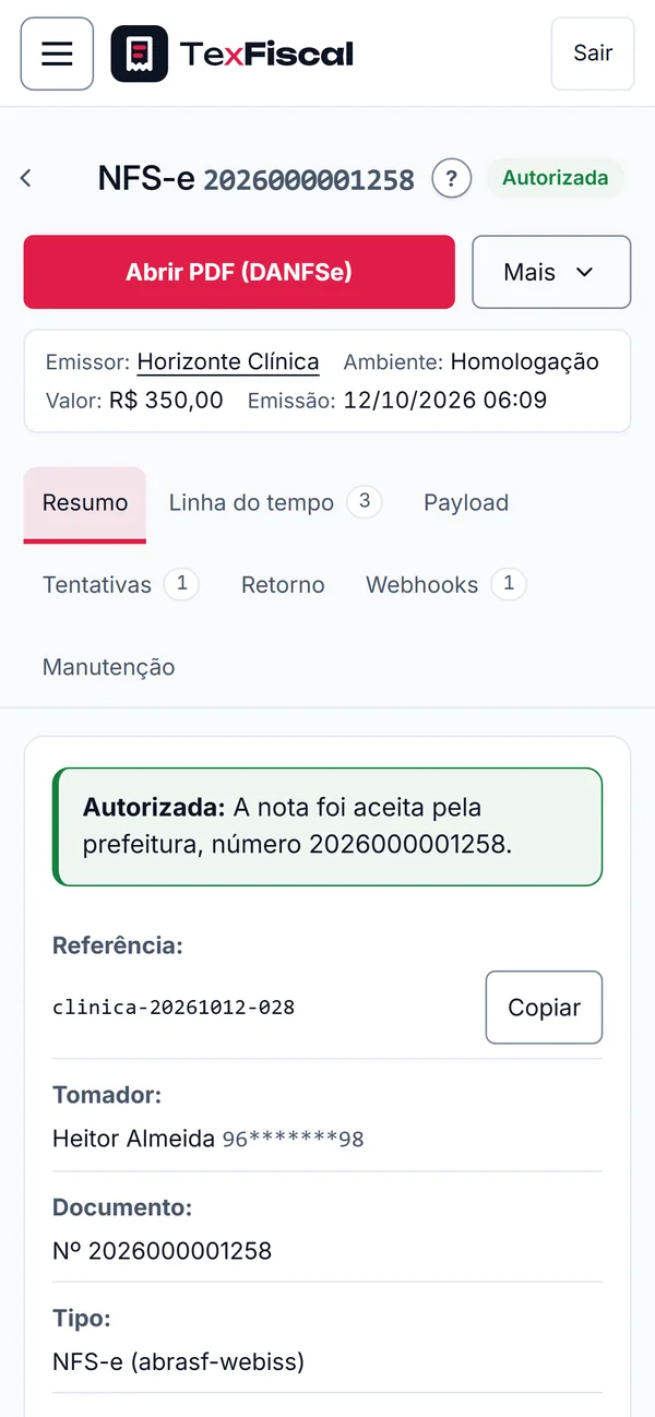 NFS-e autorizada aberta no celular, com o botão do PDF, a referência da venda e o tomador