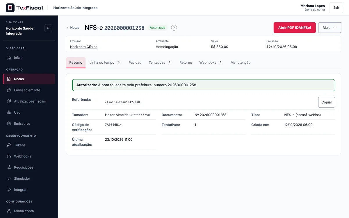 NFS-e autorizada no painel do TexFiscal com o resumo, a linha do tempo, o payload, as tentativas, o retorno da prefeitura e os webhooks